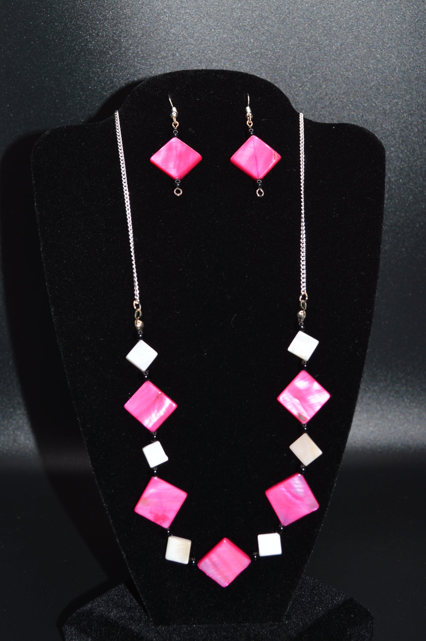 Pink and White Mother of Pearl Diamonds with Black Beads Necklace and Earring Set