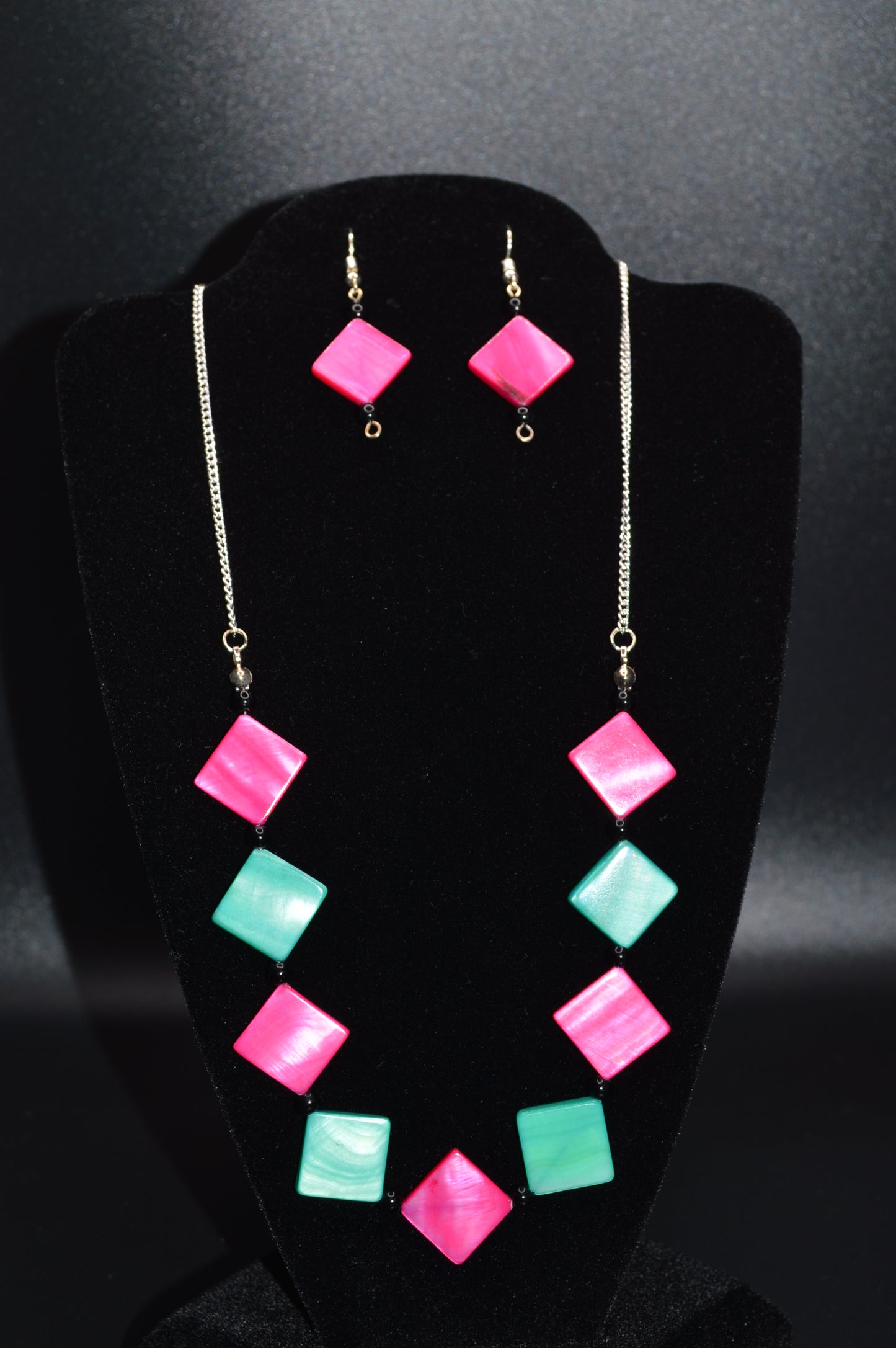 Pink and Aqua Mother of Pearl Diamonds with Black Beads Necklace and Earring Set