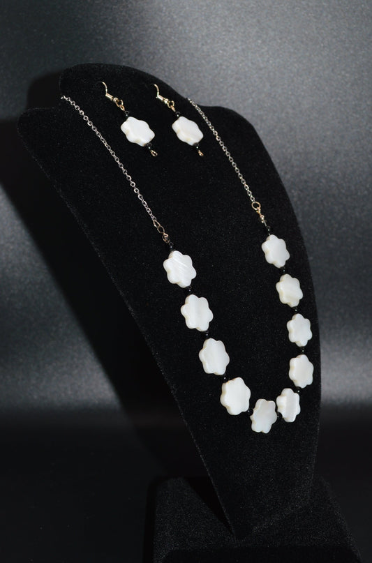 White Mother of Pearl Flowers with Black Beads Necklace and Earring Set