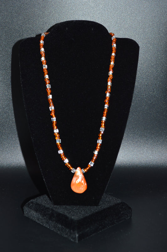 Orange Mother of Pearl Teardrop Pendant with Glass Beads Necklace