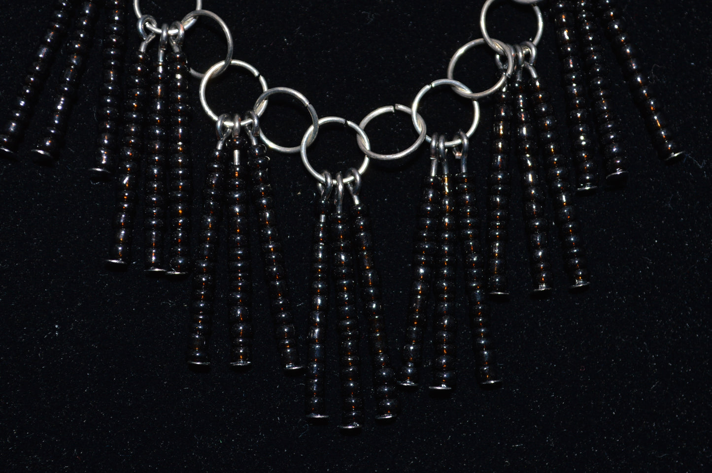 Glass Beaded Tassel Necklace and Earring Set (Black)