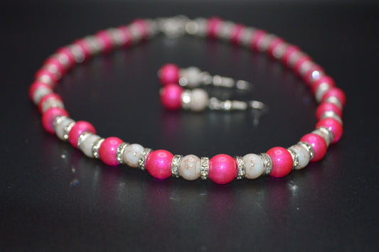 Pink Glass Pearls with Marbled Beads and Crystal Spacers Necklace and Earring Set